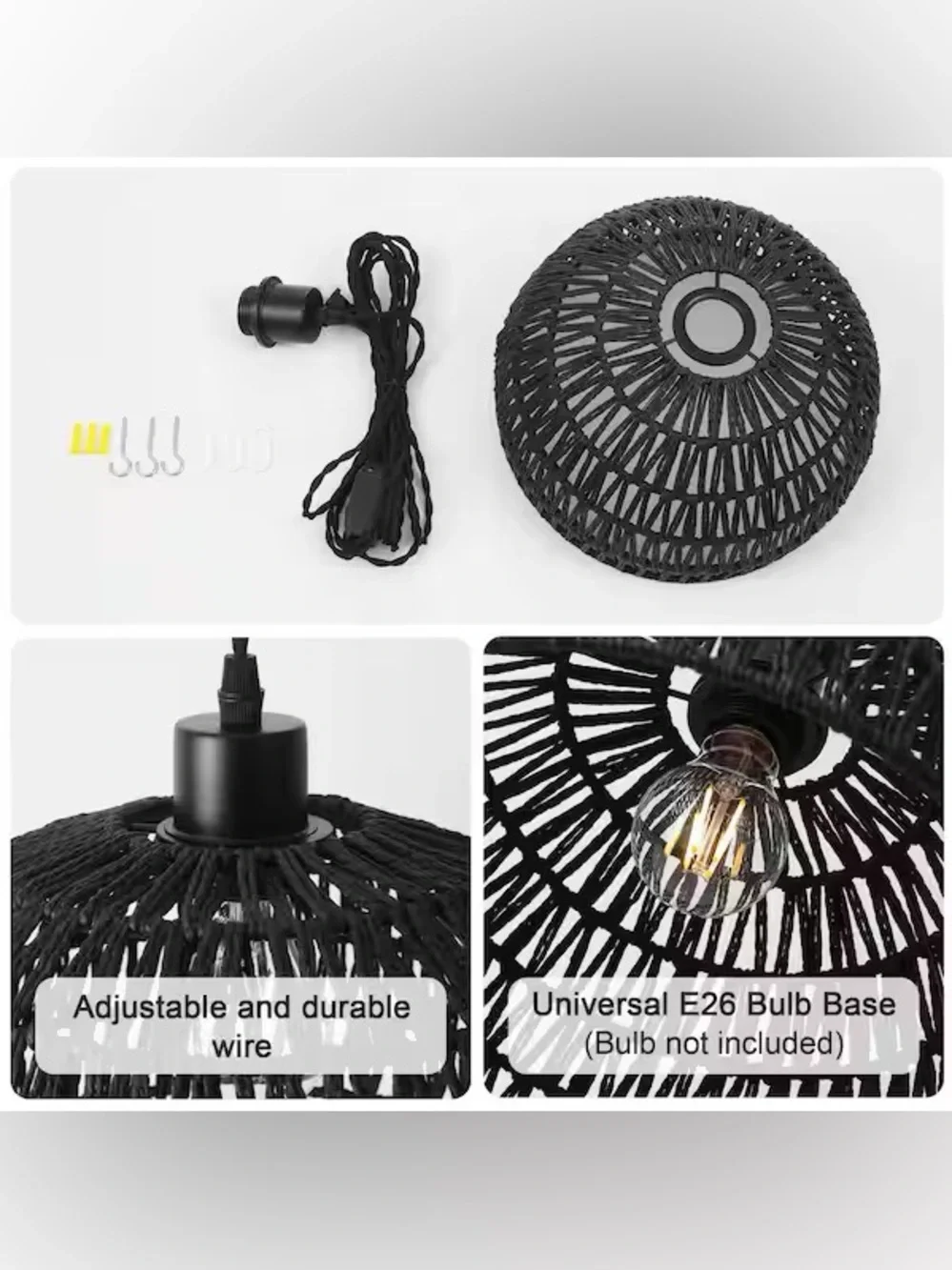 Black Rattan Plug-In Pendant Light Boho Dome Hanging Lamp